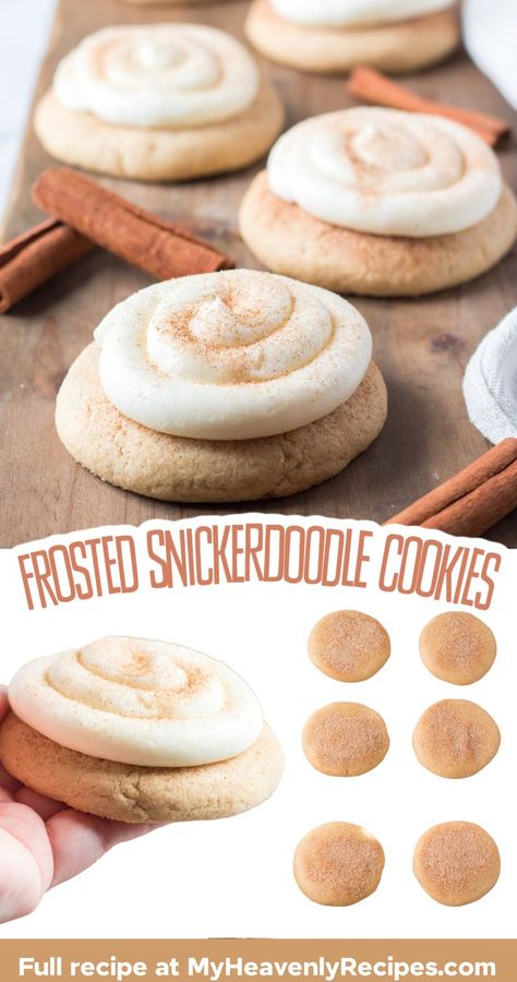 snickerdoodle cookies Snickerdoodle Cookies With Frosting, Snickerdoodle Cookies With Icing, Snickerdoodle Cut Out Cookies, Iced Snickerdoodle Cookies, Frosted Snickerdoodle Cookies, Snickerdoodle Frosting Recipe, Cookie Recipes With Frosting, Christmas Snickerdoodle Cookies, Snickerdoodle Cookies Crumbl