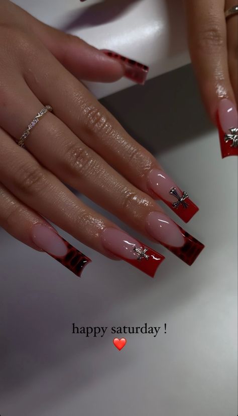 Red Nail Acrylic Ideas, Fuerza Regida Nail Ideas, Nails Acrylic Edgy, Red Set Nails, Nail Inspo 2024 Square, September Nails Square, Junior H Nails, Nail Art Aesthetic Red, Nail Inspo Square Long