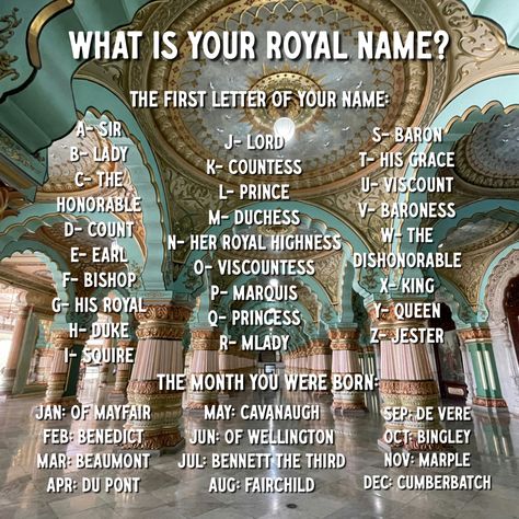 What is your royal name?  #acop #americanconsumeropinion #surveysformoney #namegame Royal Last Name Ideas, Royal Sounding Last Names, Royal Last Names, British Royal Names, Leprechaun Names, Funny Name Generator, Fun Names, Kingdom Names, Royal Names