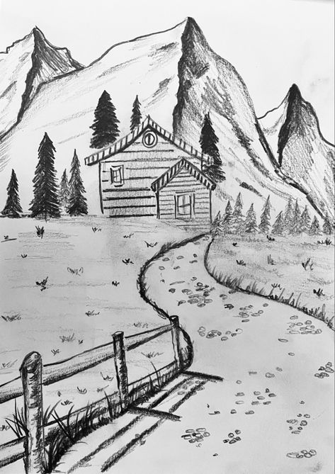 Drawing Ideas Architecture, Cabin Drawing, Easy Nature Drawings, Landscape Drawing Easy, Landscape Pencil Drawings, Nature Art Drawings, Cute Easy Doodles, Cool Car Drawings, Dragon Sketch