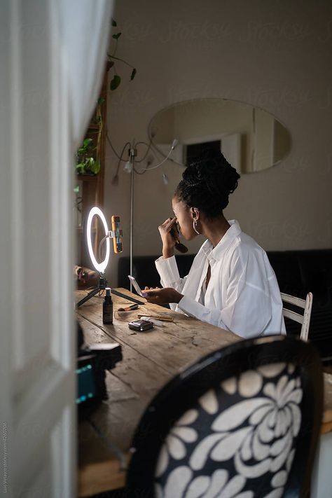 Black Woman At Home Makeup Starter Kit, Bright Room, Light Shoot, New York City Aesthetic, Women Entrepreneurship, Work In New York, Black Bloggers, Makeup Rooms, On The Phone