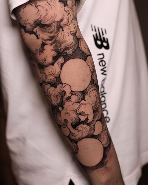 Japanese Tattoo Art Clouds, Half Sleeve Nature Tattoo For Men, Surreal Tattoo Men, Fine Line Sleeve Men, Smokey Clouds Tattoo, Asian Clouds Tattoo, Arabic Tattoos Men, Large Tattoos Men, Weather Tattoo Sleeve