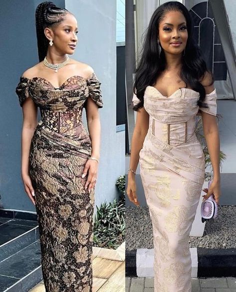 Nigerian Thanksgiving Outfit, Off The Shoulder Aso Ebi, Brocade Dress Styles For Bridesmaid, Brown Asoebi Lace Styles, Brocade Styles For Women Asoebi, Nigerian Dress Styles Classy, Brocade Dress Styles For Wedding Guest, Modest Asoebi Lace Styles, Brocade Gown Styles