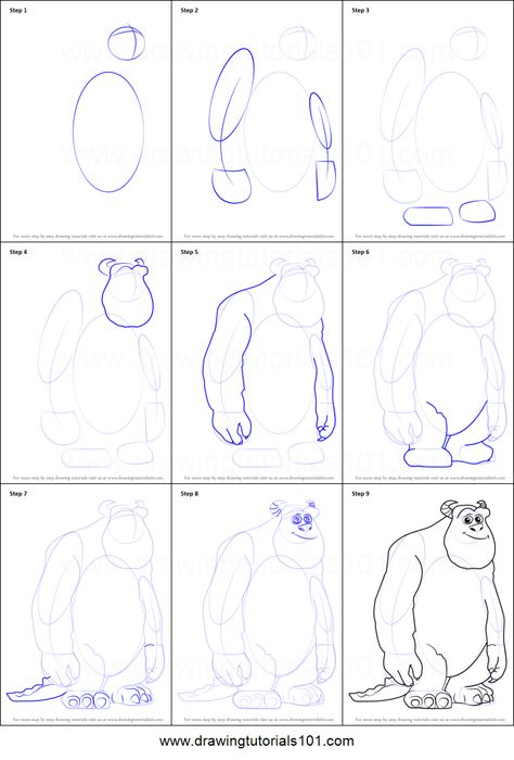 How To Draw Monsters Inc, How To Draw Sully From Monsters Inc, How To Draw Cute Monsters, How To Draw Disney Characters Step By, Sulley Drawing, Monster Inc Drawing, How To Draw Disney Characters, Disney Drawing Tutorial, James P Sullivan