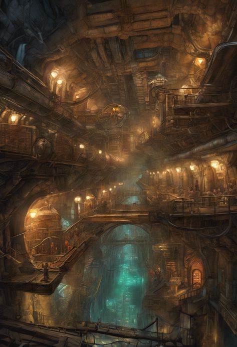 Subterranean Gearworks Check more at https://paintlyx.com/subterranean-gearworks/ Sci Fi Underground City, Hydro Punk City, Underground Steampunk City, Biopunk City Concept Art, Underground City Aesthetic, Dnd Underground City, Underground City Art, Underground City Fantasy Art, Underground City Concept Art