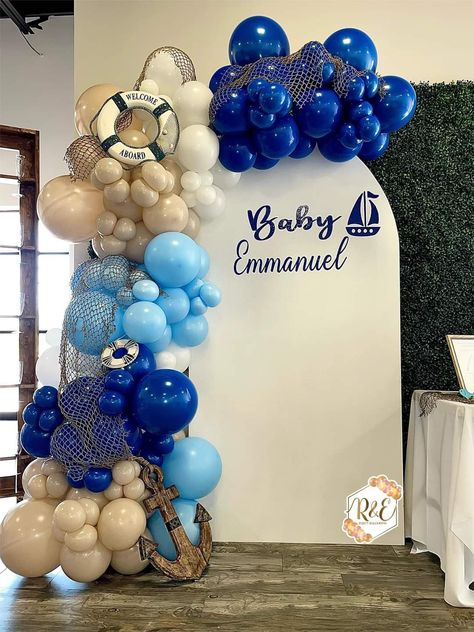 Sailor Theme Party Centerpieces, Sailor Birthday Decoration, Nautical Party Balloons, Nautical Balloon Garland, Marine Birthday Theme, Sailor Birthday Theme, Nautical Balloon Decor, Nautical Themed Baby Shower Boy, Ahoy It’s A Boy Baby Shower Decorations