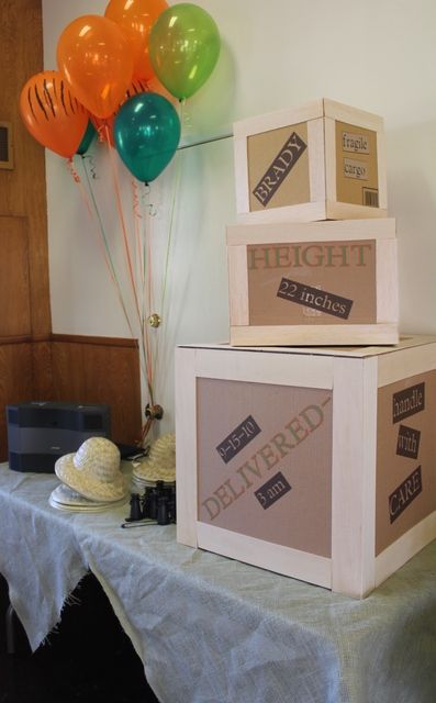 Jungle Safari / Birthday - Crate boxes with birth info Toddler Birthday Parties, Toddler Birthday Party Themes, Safari Birthday Party Ideas, Jungle Safari Birthday Party, Auction Decor, Jungle Safari Birthday, Jungle Theme Parties, Jungle Theme Birthday, Jungle Birthday Party