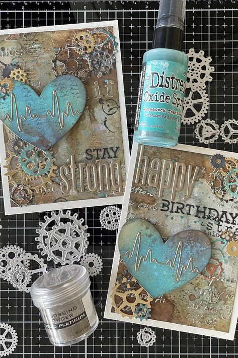 Tim Holtz Heartbeat Cards, Tim Holtz Get Well Cards, Tim Holtz Mixed Media Cards, Tim Holtz Birthday Card Ideas, Tim Holtz Stencils, Tim Holtz Birthday Cards, Distress Spray Stain, Tim Holtz Mixed Media, Tim Holtz Crafts