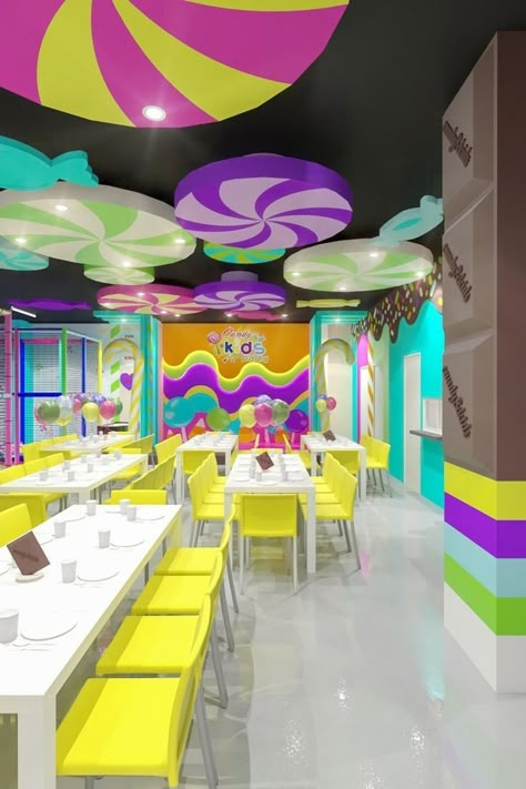 Candy Store Design, Kids Party Venues, Indoor Playground Design, Candy Kids, Kids Salon, Preschool Designs, Daycare Decor, Kids Cafe, Kids Indoor Playground