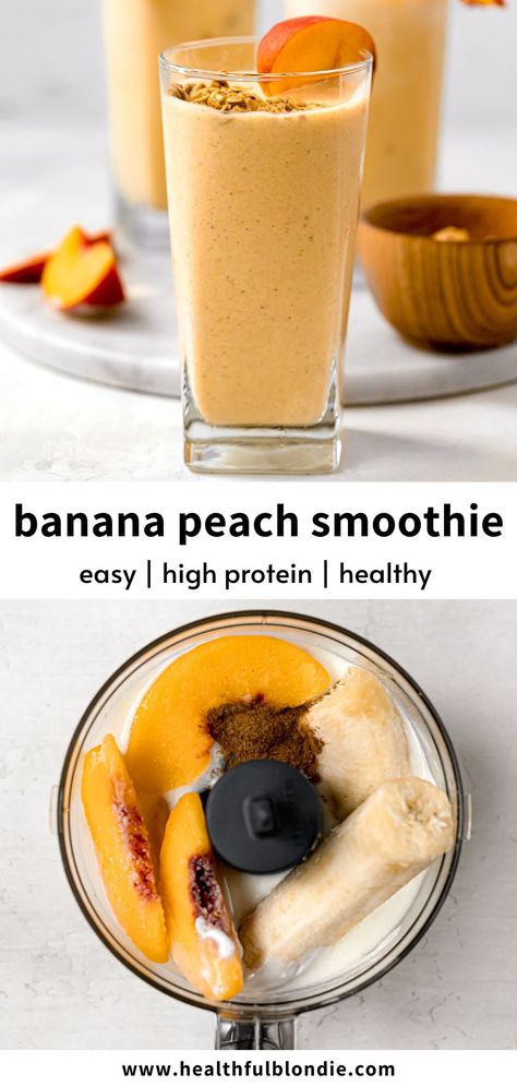 This 5-ingredient refreshing and simple banana peach smoothie is protein-packed, healthy, and makes for the perfect breakfast or snack. Made with simple ingredients like Greek yogurt, banana, ice, and frozen or fresh peaches. Peach Smoothie Recipes Healthy, Peach Banana Smoothie, Peach Healthy, Healthy Protein Smoothies, Peach Smoothie Recipes, Banana Smoothie Healthy, Banana Protein Smoothie, Yogurt Banana, Banana Apple Smoothie