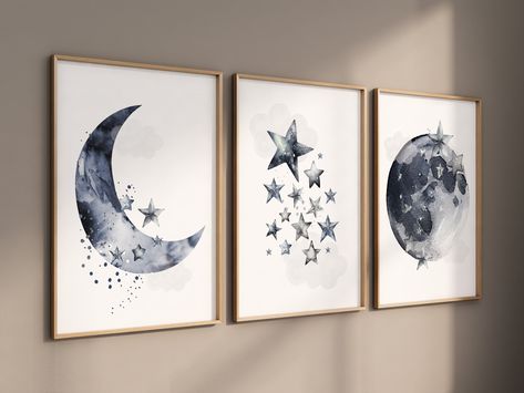 Navy Nursery Decor, Cloud and Stars, Moon and Stars, Navy Blue Nursery Art. Baby Room Wall Art, Boy Nursery Decor, Set of 3, Nursery Art - Etsy Moon And Stars Nursery Boy, Navy Nursery Neutral, Navy Baby Nursery, Dark Blue Nursery, Nyc Nursery, Moons And Stars Nursery Gender Neutral, Navy Blue Space Nursery, Blue Star Nursery, Baby Boy Nursery Stars