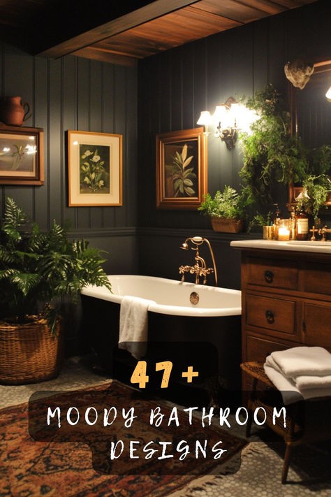 Explore 47 dark and dreamy bathroom ideas that evoke mystery and allure. Featuring deep hues and ambient lighting, these designs captivate. Click to discover these moody inspirations and give your bathroom a unique and enchanting vibe! 🌑🛁 #DarkAndDreamy #MoodyBathroom #DeepHues #AmbientLighting #EnchantingVibe #HomeDesign #BathroomInspo Dark Academic Bathrooms, Bathroom Ideas With Accent Wall, Bathroom With Dark Accents, Dark Gray Walls Bathroom, Boho Dark Bathroom, Gothic Modern Bathroom, Moody Bathroom Remodel, Dark Maximalist Bathroom, Dark Bathroom Plants