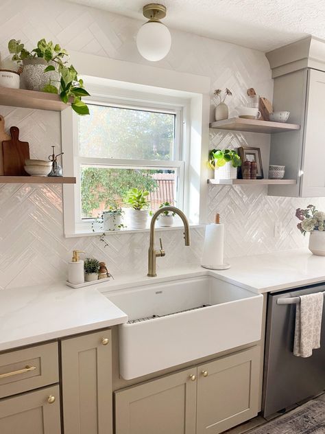 White farmhouse sink with styled wood floated shelves and tiled backsplash above Farmhouse Sink With Butcher Block, My Dream Kitchen, White Farmhouse Sink, Fireclay Farmhouse Sink, Butcher Block Kitchen, Fireclay Sink, Beach Shack, White Sink, Farmhouse Sink Kitchen