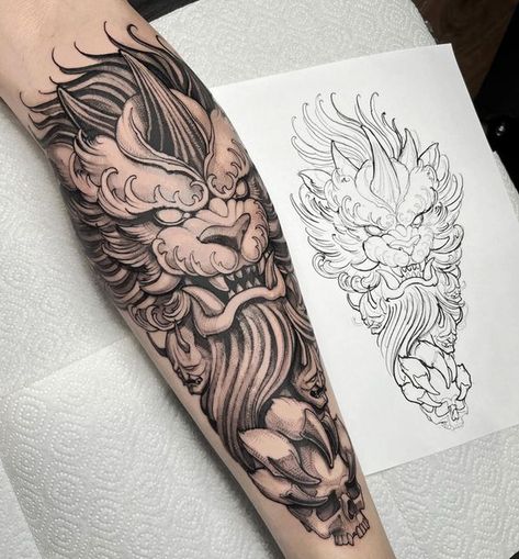 Foo Dog Forearm Tattoo Design, Tattoo Ideas Arms Men, Shin Tattoo Men Japanese, Japanese Style Lion Tattoo, Lion Tattoo Japanese, Fu Dog Tattoo Forearm, Chinese Lion Tattoo Design, Asian Lion Tattoo, Foo Dog Tattoo Design Sleeve