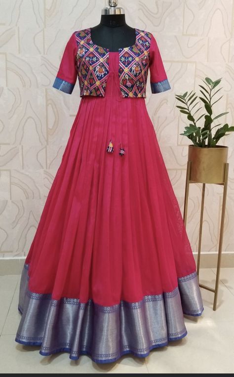 Long Frock Neck Models For Stitching, Long Gown With Coat, Saree One Piece Gown With Jacket, Coat Long Frocks, Long Frock Coat Model, Long Frock Ideas With Old Sarees, New Model Long Frock Designs, Mangalgiri Long Frocks, Saree To Frock Models