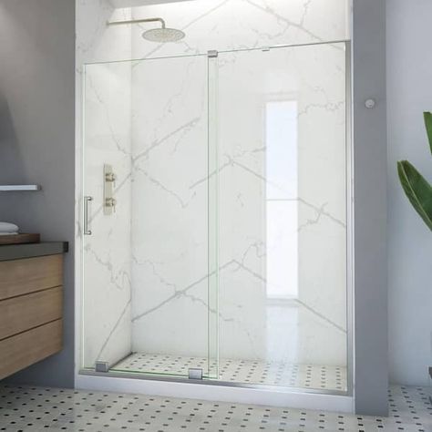 DreamLine Mirage-X 56 in. to 60 in. x 72 in. Semi-Frameless Sliding Shower Door in Brushed Nickel SHDR-1960723R-04 - The Home Depot Brushed Nickel Shower Door, Tub To Shower Remodel, Glass Shower Doors Frameless, Frameless Sliding Shower Doors, Transitional Decor Style, Frameless Shower Door, Bathtub Doors, Tub Doors, Tub Shower Doors