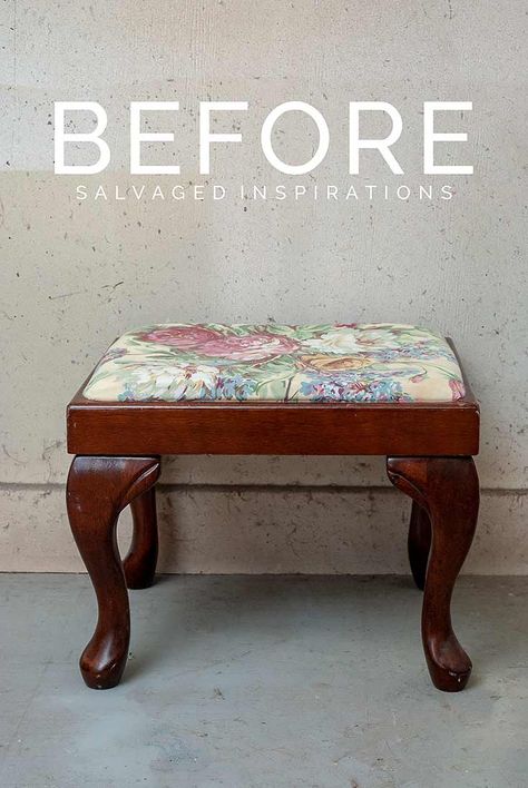 Transfers for Fabric - Salvaged Inspirations Reupholstered Stool Diy, Reupholster Footstool Diy, Foot Stool Fabric, Diy Decoupage Furniture, Rustic Fabric Footstool, Woodworking At Home, Salvage Projects, Vintage Tea Cart, Drop Cloth Projects