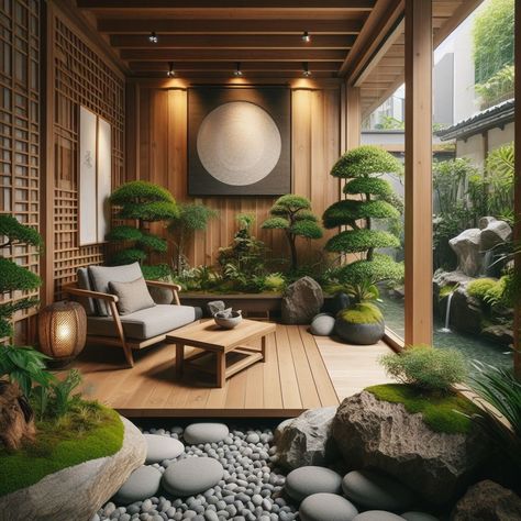 Indoor Zen Gardens: Tranquil Corner in the Home Zen Garden Small Backyard, Asian Deck Ideas, Beautiful Corners In The House, Home Japanese Garden, Japanese Zen Garden Design, Japanese Outdoor Decor, Japanese Tea Garden Backyard, Japanese Inspired Backyard, Japandi Garden Design