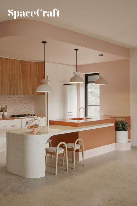 Our pink Retro-Scandi kitchen featuring Terrazzo and Tasmanian Oak �✨️ Kitchen Ideas Condo, Feature Kitchen Island, Soft Pink Interior, Terrazzo Island, Kitchen Retro Modern, Pink Wood Kitchen, Terazzo Kitchen Tiles, Retro Kitchen Ideas, Terrazzo Kitchen Island