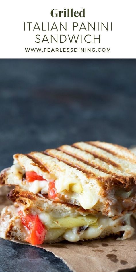 This easy Italian panini sandwich is perfect for cheese lovers. Grilled in a panini press, the roasted red peppers and artichoke hearts add so much flavor. fearlessdining Dairy Free Panini, Meatless Panini Sandwiches, Vegetarian Panini Sandwiches Recipes, Roasted Red Pepper Panini, Eggplant Roasted Red Pepper Sandwich, Italian Panini, Panini Sandwich, Gluten Free Recipes Side Dishes, Gluten Free Sandwiches