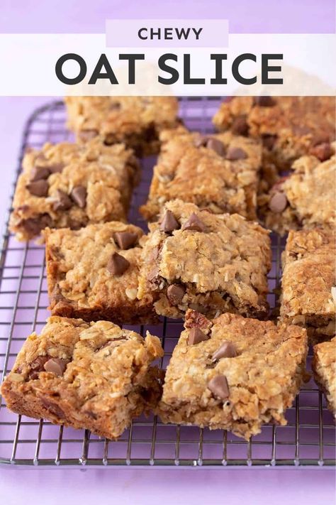 Easy To Bake Treats, Thermomix, Quick Traybake Recipes, Easy Oat Slice, Oat Slice Recipe, Easy Crunchies Recipe, Easy Recipes With Oats, Healthy Lunchbox Treats, Lunchbox Snacks Kids