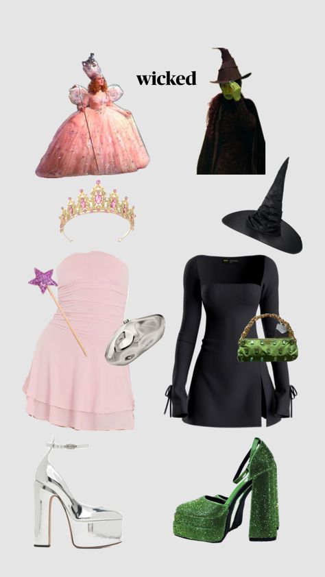 Elphaba And Fiyero Costumes, Wicked Glinda Outfit Ideas, Glinda And Elphaba Inspired Outfits, Wanda And Agatha Costume, Wicked Outfit Ideas Casual, The Wicked Witch Of The West Costume, Wicked Elphaba Costume, Wicked Halloween Costume Ideas, Wicked Themed Outfit