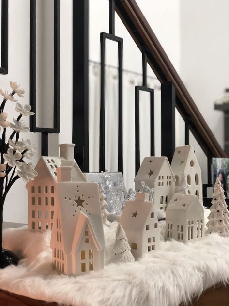 Christmas White Houses Village, White Ceramic House Christmas Village, White House Village Christmas, Christmas Village White Houses, All White Christmas Village, Diy Clay House Village, Pottery Christmas Village, Winter Village Decor, White Christmas House Village