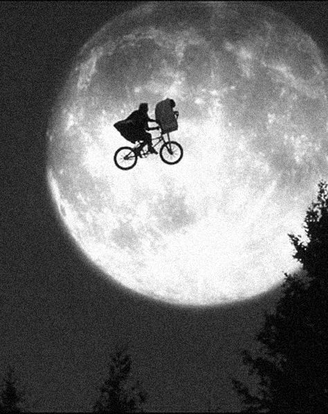 E.T. 1982. S) Black And White Movie, Riding A Bike, Full Moon, The Sky, Bike, Moon, Black And White, White, Black