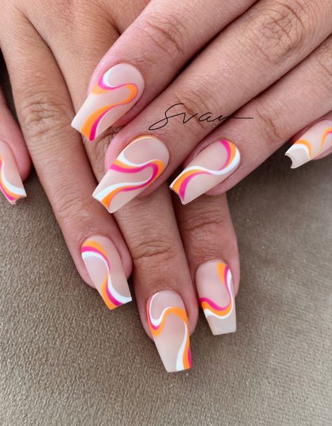 Neon Swirls Nails, Bright Swirl Nail Designs, Neon Pink Abstract Nails, Orange French Tip Swirl Nails, Nail Art Designs Pink And Orange, Orange Nail Swirls, Red And Orange Swirl Nails, Summer Stripe Nails, Orange And Yellow Swirl Nails