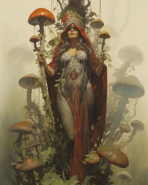 Dark fantasy mushroom witch in the 1970's style. #darkfantasy #dungeonsanddragons #fantasy #dnd #midjourney #aiart #ai #goblincore #cottagecore #witchcore #witch #witchaesthetic #nature Nature Witch Art, Mushroom Woman, Mushroom Witch, Mushroom People, Fantasy Mushroom, Mushroom Cottagecore, Nature Witch, Faery Art, Witch Core