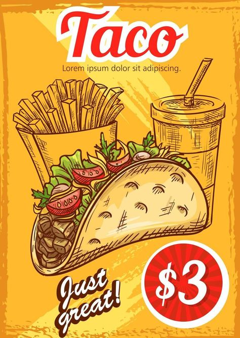 Fast food vector tacos fries coffee sketch menu French Tacos, Coffee Sketch, Sketch Menu, Fast Food Logos, Food Tacos, Food Layout, Food Logos, Food Vector, Food Ad