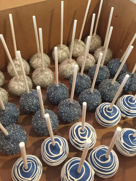 Silver And Blue Birthday Party, Blue Birthday Food Ideas, Blue Themed Sweet 16 Party Ideas, Navy Blue Sweet 16 Cake, Blue Themed Bday Party, Mama Mia Cake Pops, Navy Blue And Silver Birthday Cake, Mamma Mia Cake Pops, Blue And White Sweet 16 Decorations