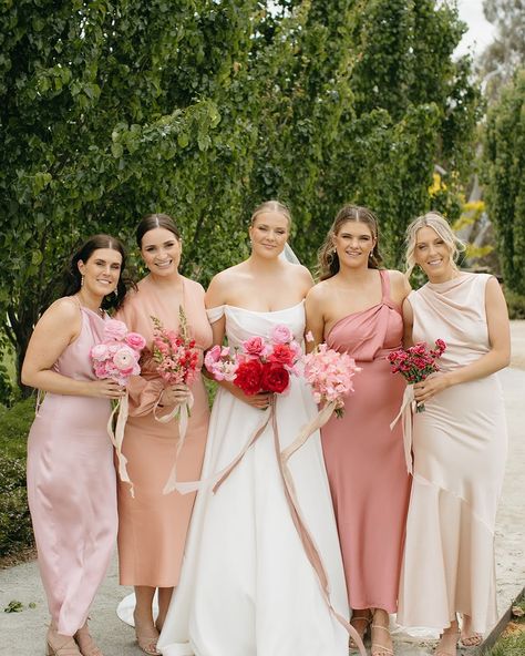 En masse bouquets for Bonnie’s bridesmaids. We love how each bouquet is unique and reflects something special. 🤍 Colourful Bridesmaid Bouquet, Alternate Bridesmaid Bouquet, Bridesmaids Bouquets Around Brides Face, Bridesmaids With Bright Bouquets, Mixmatch Pink Bridesmaids, Something Special, Bridesmaid Bouquet, Our Love, Wedding Flowers