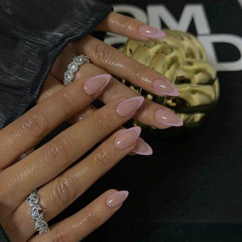 Medium Length Manicure, French Tip Glossy Nails, Almond Nails Translucent, Classy Nails Sparkle, Champagne Colored Nails For Wedding, Diamond Studded Nails, Bridal Nails Short Almond, Bridal Nails Initials, Sheer French Manicure