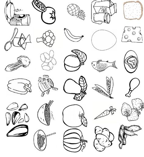 Foods to color, cut, and paste or use as game pieces for food groups Adobe Illustrator, Doodle Art, Autumn Doodles, Hat Decoration, Group Meals, Journal Doodles, Game Pieces, Tropical Beach, Photo Album