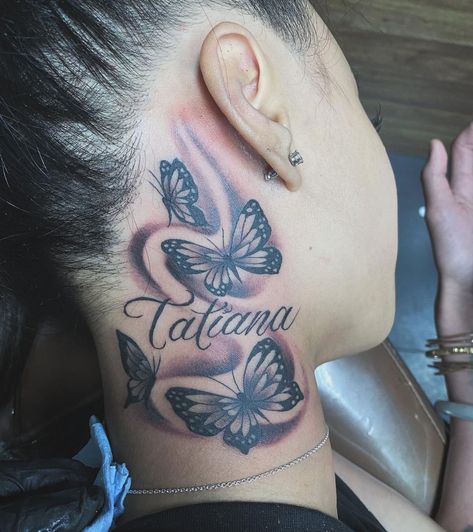 Neck Tattoos Women Butterfly, Butterfly On Neck Tattoo, Butterfly Neck Tattoos Women, Butterfly Ear Tattoo, Neck Sleeve Tattoo, Cute Neck Tattoos, Butterfly Tattoo Neck, Name Tattoos On Neck, Butterfly Neck Tattoo