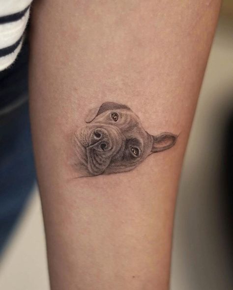 Dog Portrait Tattoo Ideas For Women, Dog Tattoo Tribute, Pet Portrait Tattoo Ideas, Detailed Dog Tattoo, Mini Tats Dog, Tattoo Dog Portrait, Personal Dog Tattoos, Micro Dog Tattoo, Tattoo To Remember Your Dog