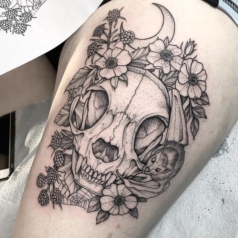 1,235 Likes, 3 Comments - Johno (@johno_tattooer) on Instagram: ��“Cat Skull and Raspberries + little Bat buddy hanging out +++ thanks Kayla #johnotattooer…” Bird Skull Tattoo, Cat Skull Tattoo, Gotik Tattoo, Skull Tattoo Flowers, Skull With Flowers, Mushroom Tattoos, Skeleton Tattoos, Animal Skull, Full Body Tattoo