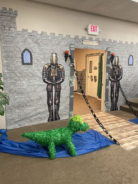 Vbs Knights Of North Castle Decorations, Medieval Classroom Decor, Knight Themed Party, Diy Midevil Decorations, Midevil Decorations Party, Keepers Of The Kingdom Crafts, Medieval Classroom Theme, Vbs Medieval Theme, Vbs Kingdom Theme