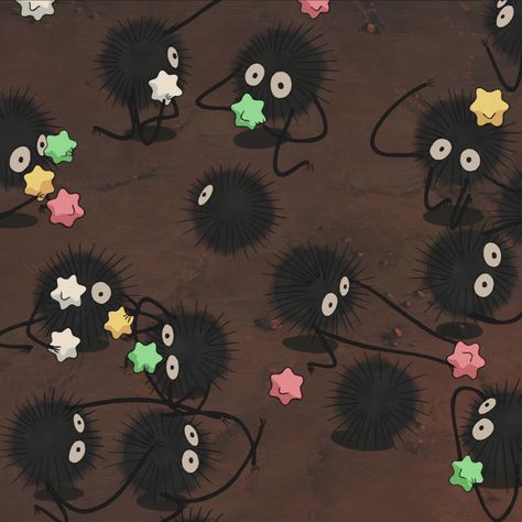 Kawaii, Hayao Miyazaki Painting, Soot Sprite Aesthetic, Studio Ghibli Black Balls, Studio Ghibli Square Pictures, Studio Ghibli Apple Watch Wallpaper, Studio Ghibli Brown Aesthetic, Studio Ghibli Playlist Cover, Studio Ghibli Pictures For Wall