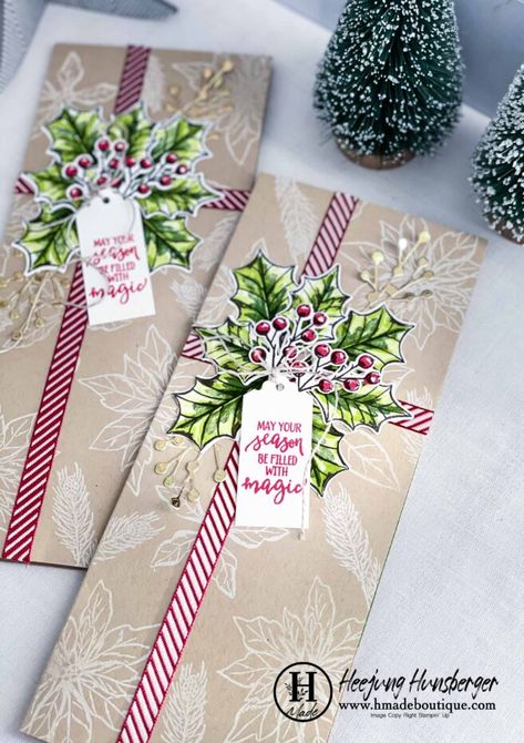 Handmade Slider Cards, Slimline Card Ideas Christmas, Slim Line Christmas Cards Handmade, Slimline Christmas Card Ideas, Slimline Cards Ideas, 2023 Christmas Cards, Slim Line Christmas Cards, Lang Christmas Cards, Slimline Christmas Cards