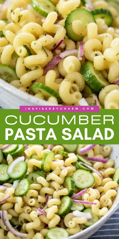 Don't miss out on this easy BBQ side dish! It will become one of your favorite summer salad ideas. Cool and refreshing, light and invigorating, this cucumber pasta salad is a perfect Memorial Day party food! Cucumber Pasta Salad Vinegar, Snacky Foods, Cucumber Pasta, Cucumber Pasta Salad, Delicious Pasta Salad, Spring Side Dishes, Memorial Day Foods, Homemade Vinaigrette, Classic Pasta Salad