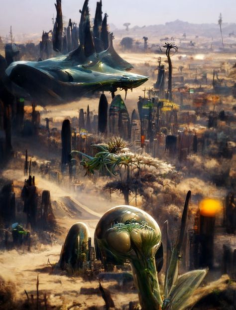 Alien city in the distance, alien landscape Exoplanet Landscape, Space Colonization, Alien City, Video Game Backgrounds, Alien Planets, Alien Technology, Aliens History, Alien Landscape, Art Scenery