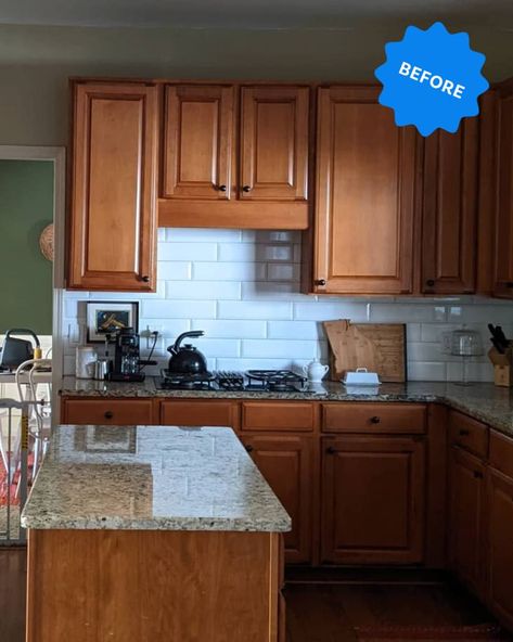 Dream Kitchen Renovation, Wood Kitchen Cabinet Makeover, Tile Backsplash Oak Cabinets, How To Make Dark Cabinets Look Lighter, Counter Toos Ideas, Oak And Granite Kitchen, Kitchen White Cabinets Brown Granite, White Backsplash With Oak Cabinets, White Subway Tile Kitchen Backsplash Maple Cabinets