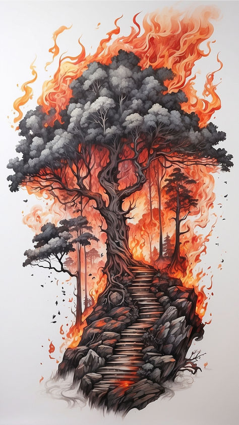 Ignite your awareness with this poignant forest-in-flames tattoo sketch, advocating for the protection of our woodlands. 🚫🔥 Subscribe to our Telegram channel for an exclusive collection of powerful sketches, urging everyone to safeguard the beauty of nature from the peril of fire. 📲🌿 Let your ink speak for the forests. Together, we can make a difference! #ForestProtection #InkForChange #Forest #Tattoo #TattooIdeas Forest On Fire Tattoo, Save The Forest Drawing, Forest On Fire Drawing, Wood Texture Tattoo, Tree On Fire Drawing, Burning Tree Tattoo, Tree Band Tattoo, Powerful Sketches, Enchanted Tattoo Ideas