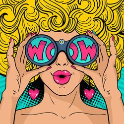 Wow pop art face. Sexy surprised woman with blonde curly hair and open mouth holding binoculars in her hands with inscription wow in reflection.Vector colorful background in pop art retro comic style. Pop Art Face, Pop Art Girl, Pop Art Comic, Art Face, Art Comic, Art Pop, Binoculars, Art Girl, Pin Up