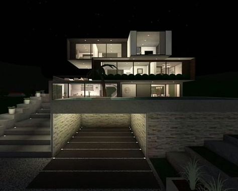 Bloxburg Penthouse Exterior, Bloxburg Stairs Ideas Modern, Roblox Bloxburg House Ideas Exterior Mansion Modern, Underground Garage Bloxburg, Bloxburg Builds Not Houses, Bloxburg House Ideas Dark Modern, Bloxburg Mansion Entrance, Driveway Ideas Bloxburg, Hill House Bloxburg