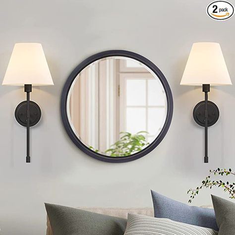 Mirrors And Sconces Living Room, Couch With Wall Sconces, Indoor Wall Lights Hallway, Shiplap Wall With Sconces, Mirror With Sconces On Each Side Living Room, Black Wall Lights Living Room, Black Wall Sconces Bedroom, Black Sconces Bedroom, Wall Mirror With Sconces