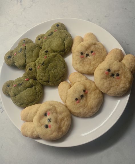 Frog cookies, bunny cookies, cute cookies, matcha cookies, sugar cookies, aesthetic baking Icing Cookies Aesthetic, Cute Bunny Cookies, Cute Baked Treats, How To Make Cute Cookies, Aesthetic Cookies Recipe, Homemade Baking Aesthetic, Things To Bake Aesthetic, Aesthetic Cookie Decorating, Cute Baked Goods Aesthetic