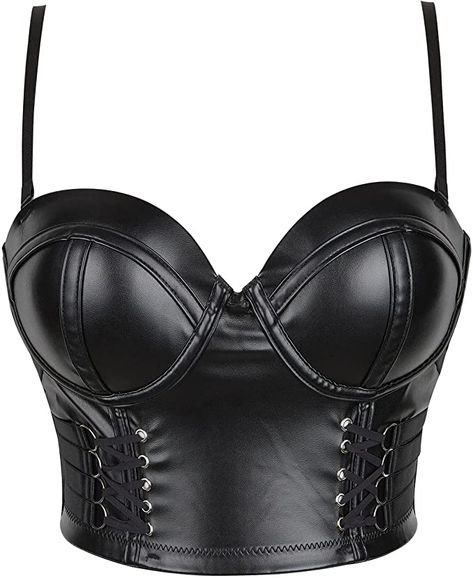 Amazon.com: Women's PU Leather Black Bustier Cami Top Sexy Push Up Overbust Corset: Clothing, Shoes & Jewelry Black Bustier Outfit, Leather Clothes For Women, Leather Bras, Leather Bustier Top, Striper Outfits, Womens Corset Tops, Black Bra Top, Black Leather Corset, Leather Tops